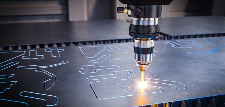 cnc laser machinery for metal cutting. 3d image render. Concept of automation in heavy industry.